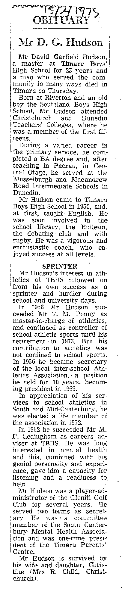 Obituary: Mr D G Hudson