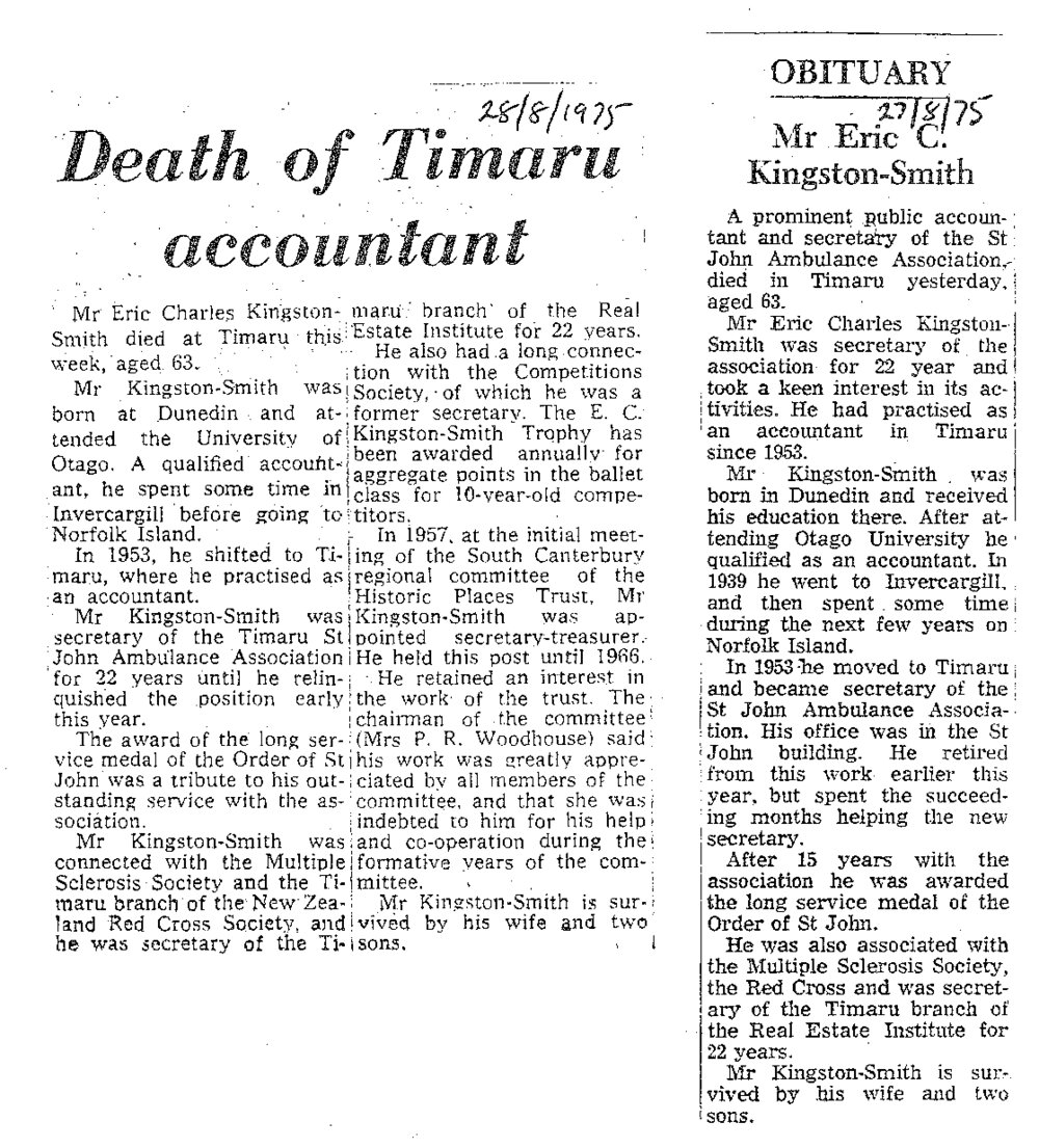 Obituary: Mr Eric C Kingston-Smith, Death of Timaru accountant