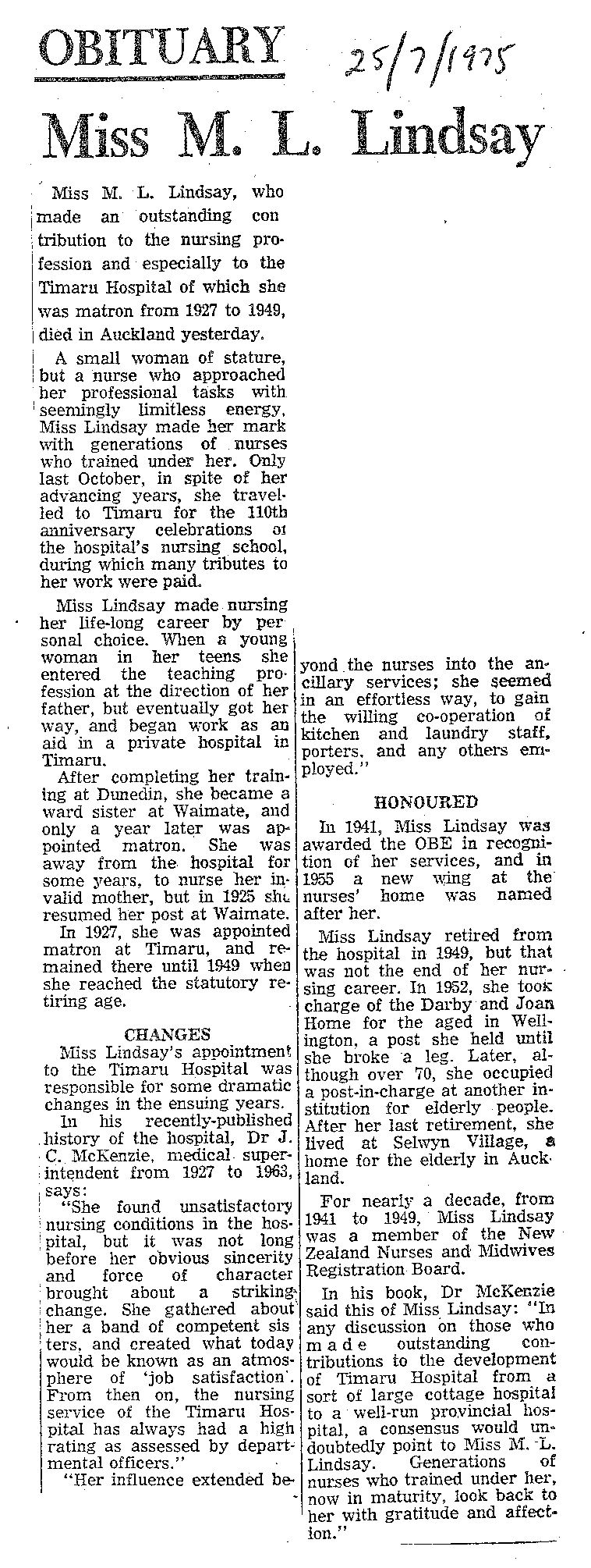 Obituary: Miss L Lindsay