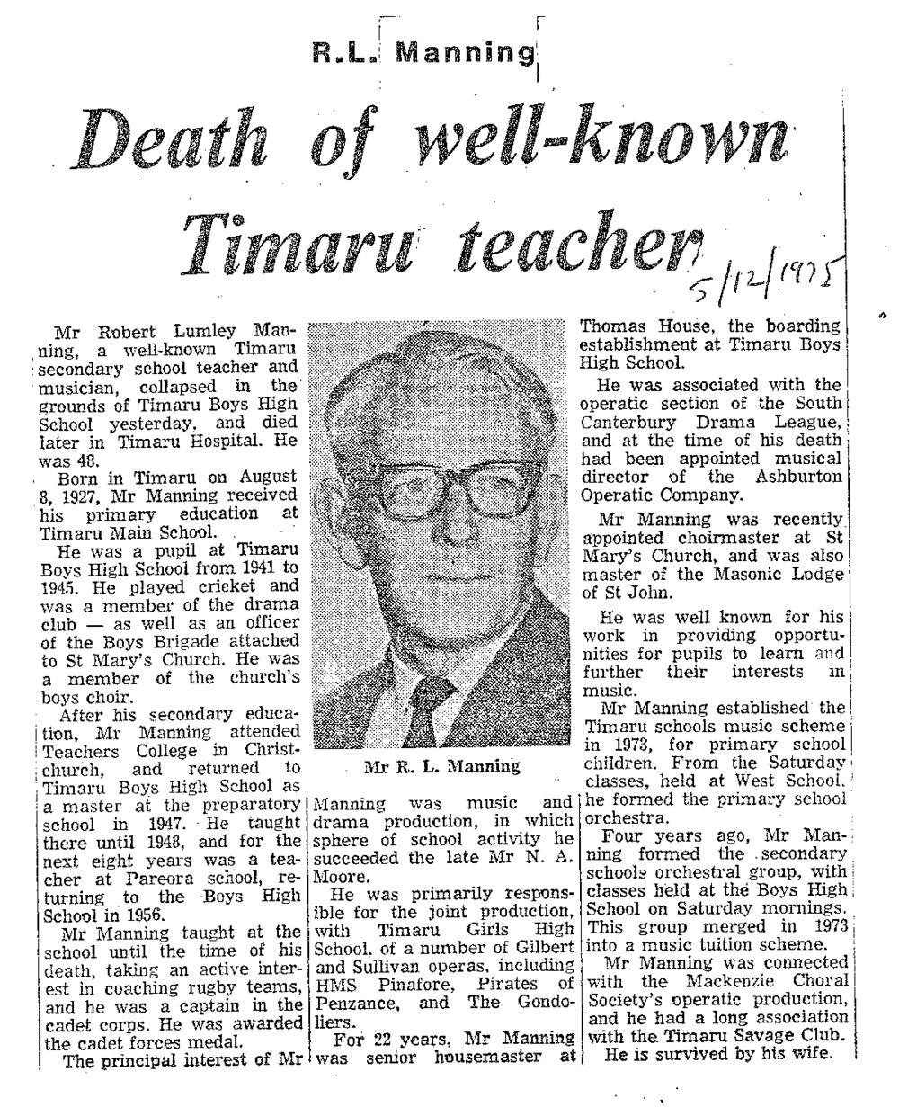 Obituary: R L Manning, Death of well known Timaru teacher