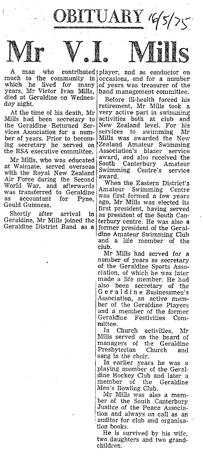 Obituary: Mr V I Mills