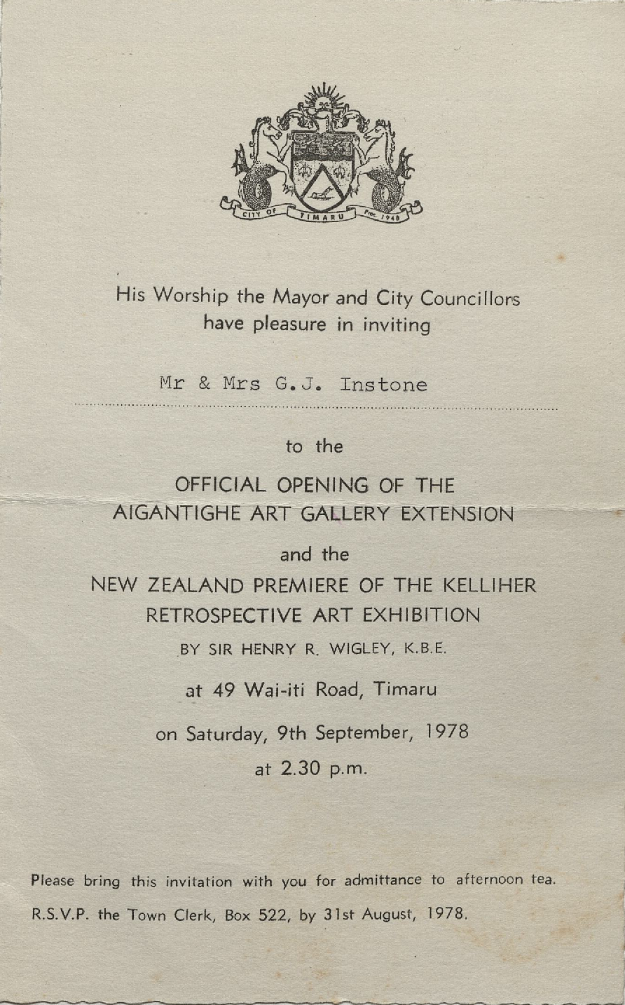 Invitation to the Official Opening of the Aigantighe Art Gallery Extension