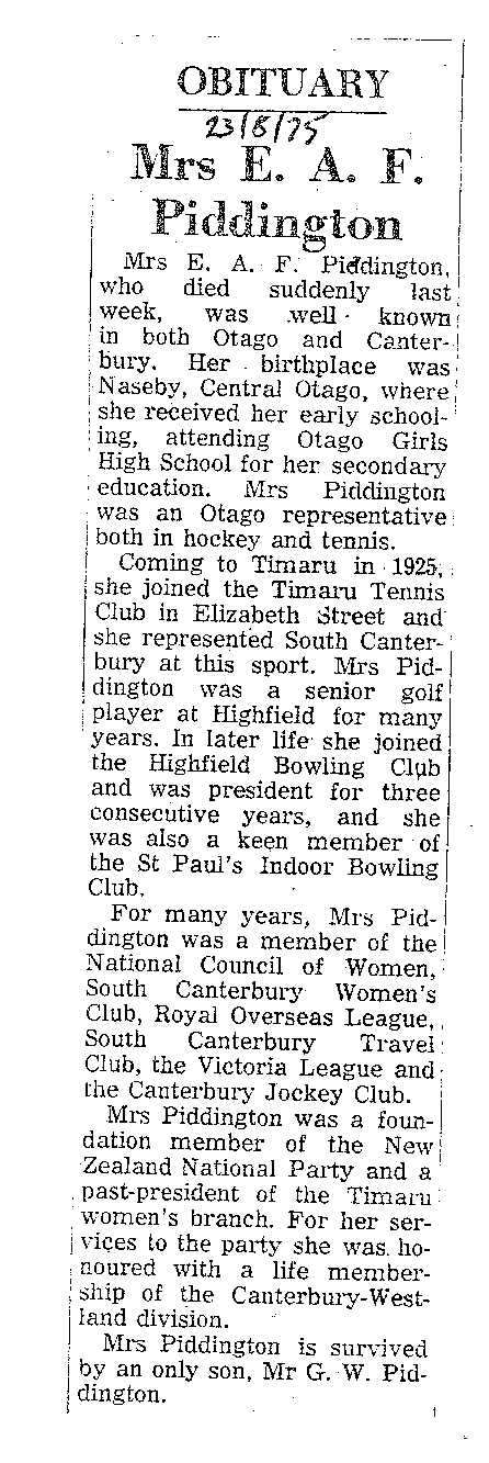 Obituary: Mrs E A F Piddington