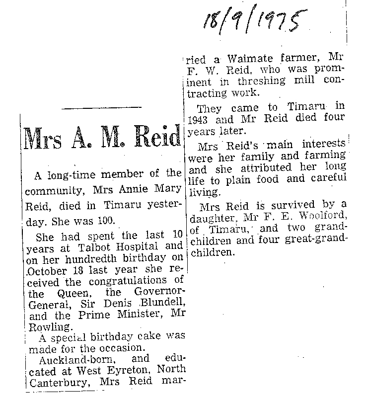 Obituary: Mrs A M Reid
