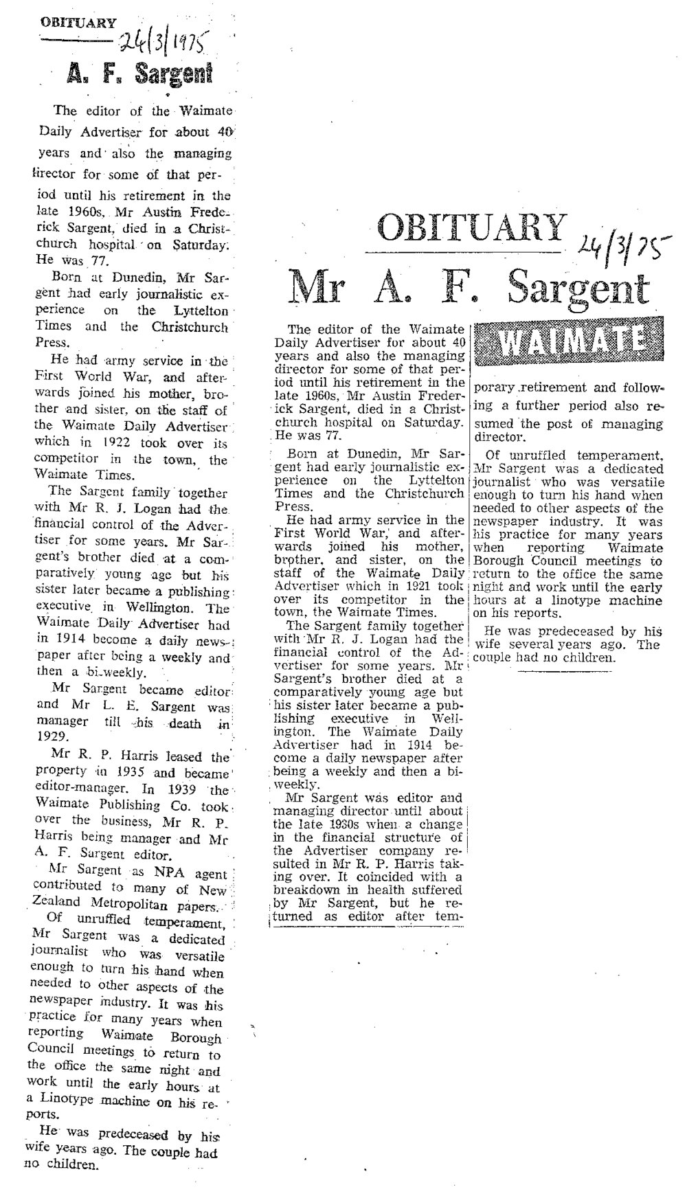 Obituary: A F Sargent