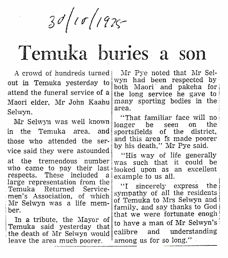 Obituary: J K Selwyn, Temuka buries a son