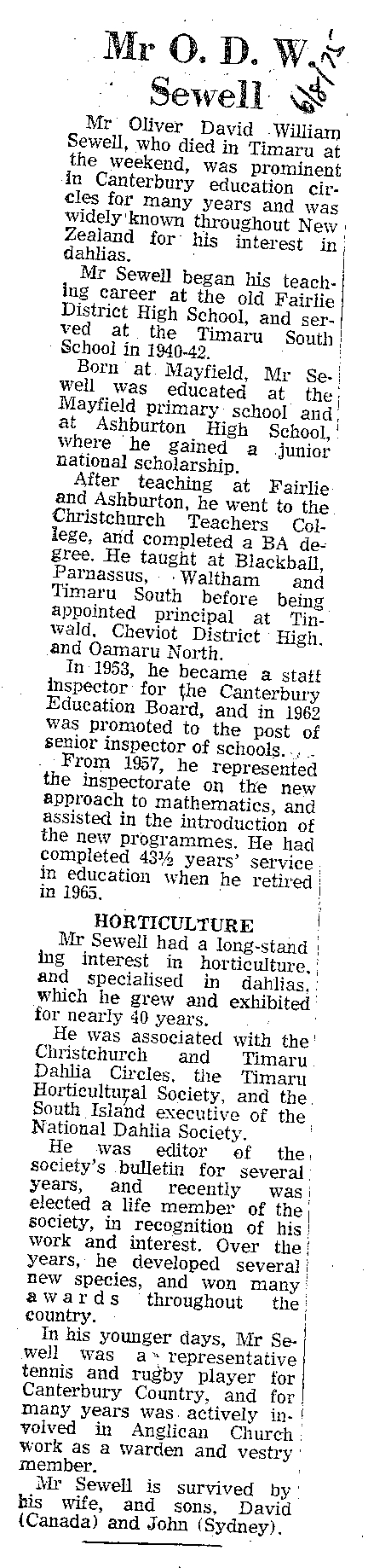 Obituary: Mr O D W Sewell