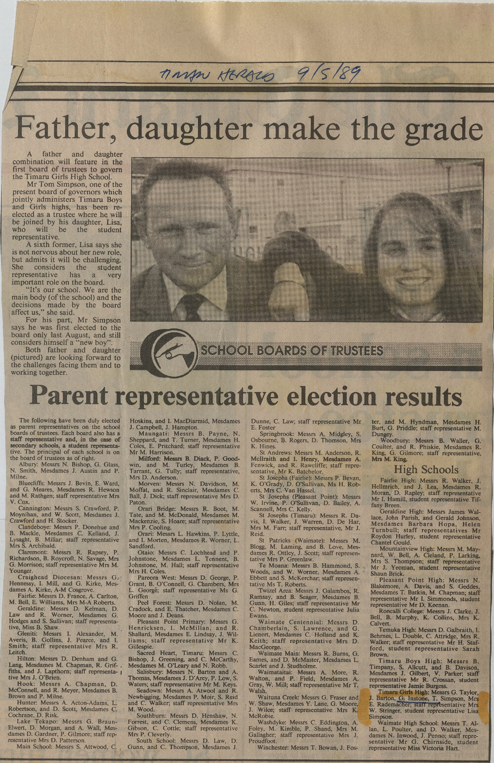 Father, daughter make the grade / Parent representative election results
