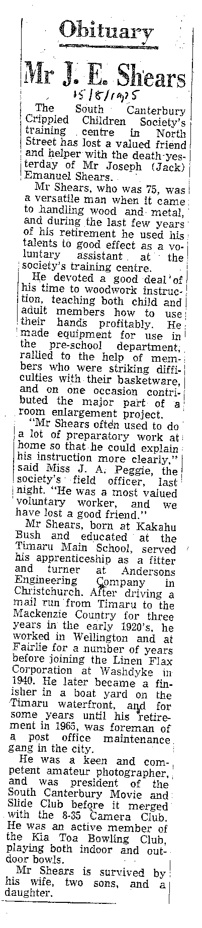 Obituary: Mr J E Shears