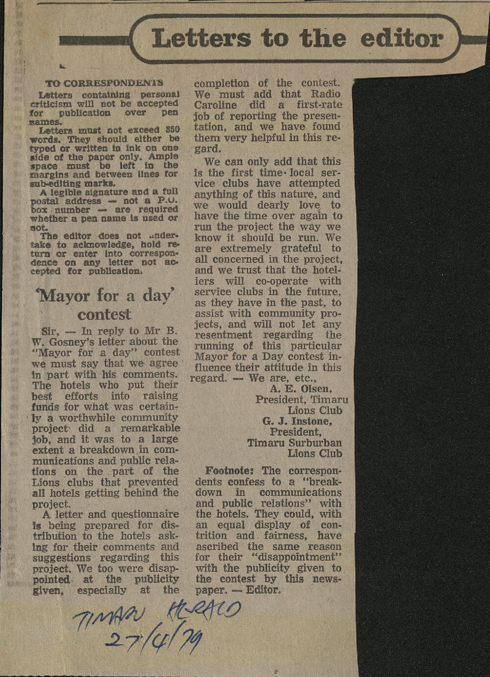 Letters to the editor: 'Mayor for a day' contest