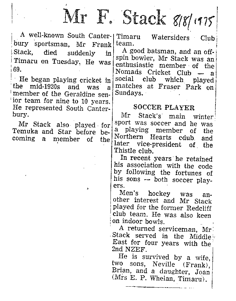 Obituary: Mr F Stack