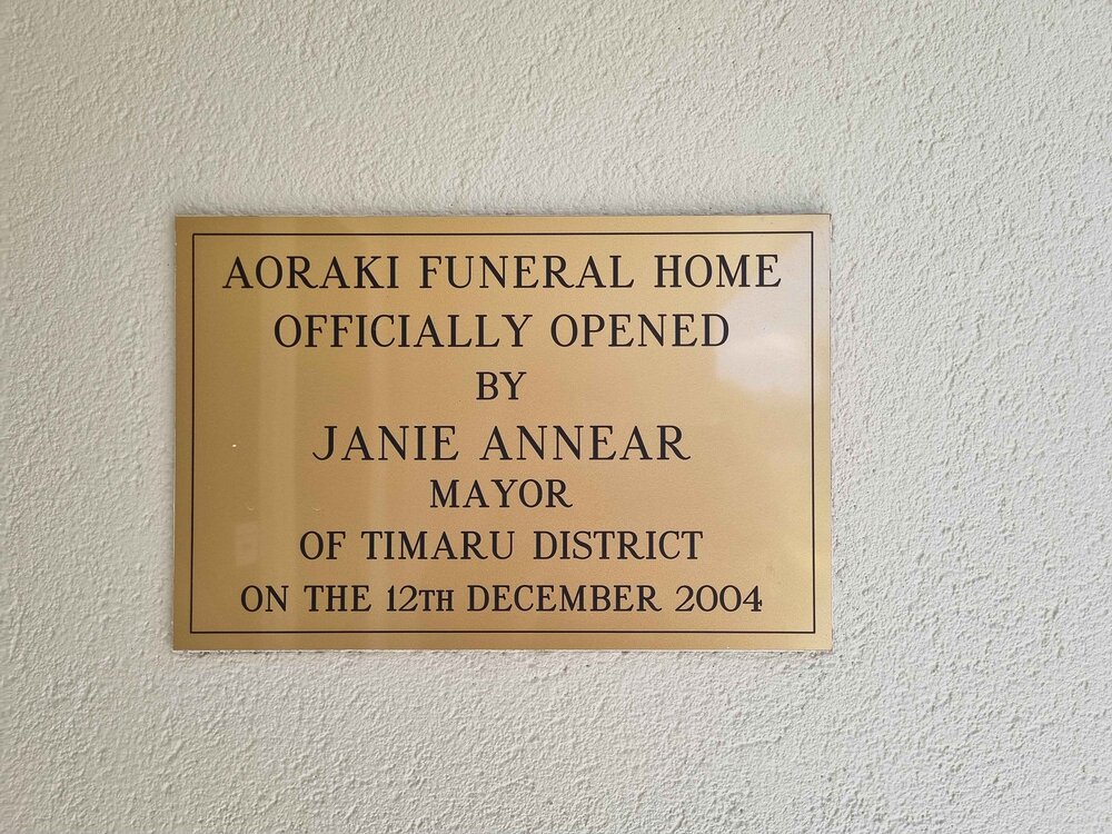 Aoraki Funeral Home official opening plaque