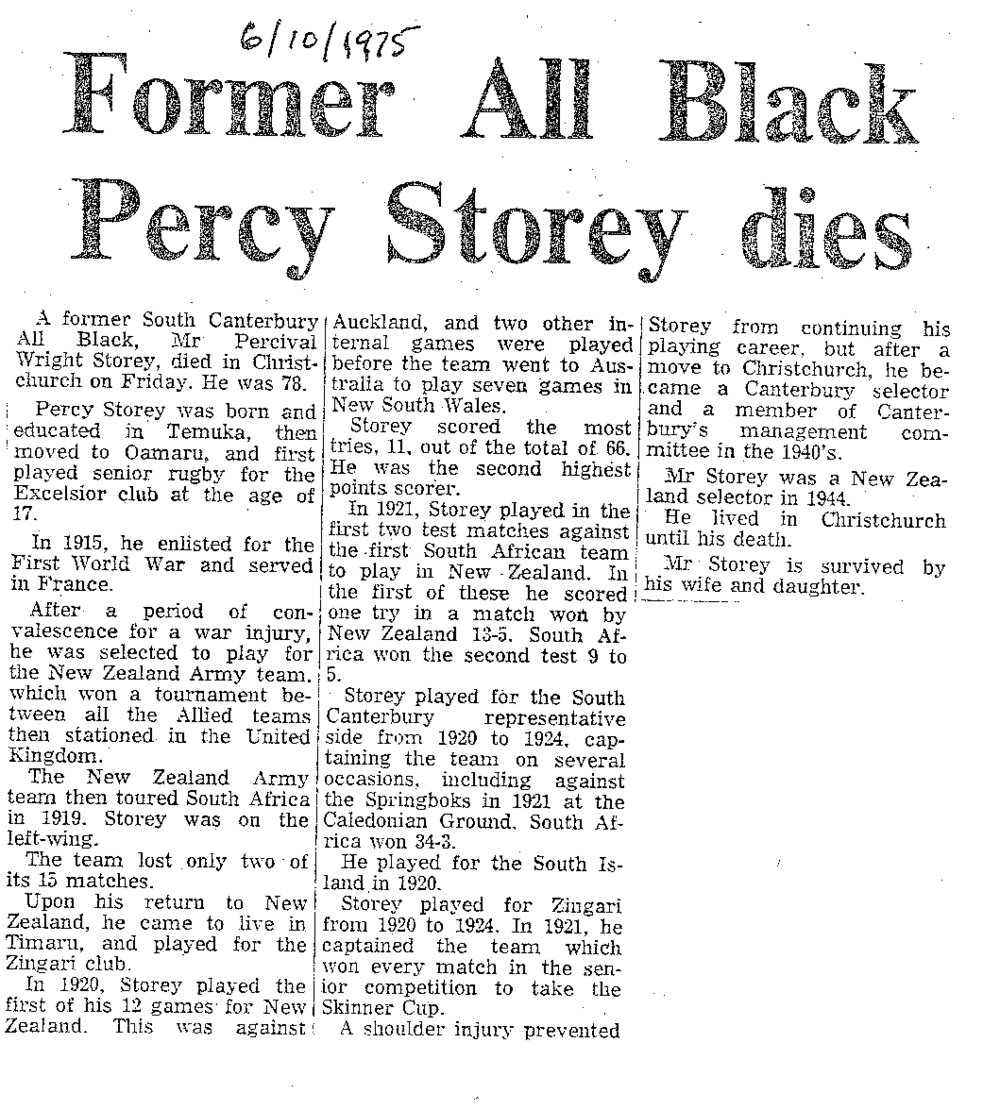 Obituary: Percy Storey, Former All Black Percy Storey dies