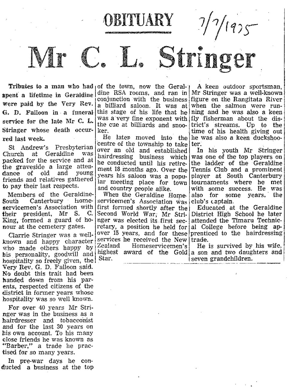 Obituary: Mr C L Stringer