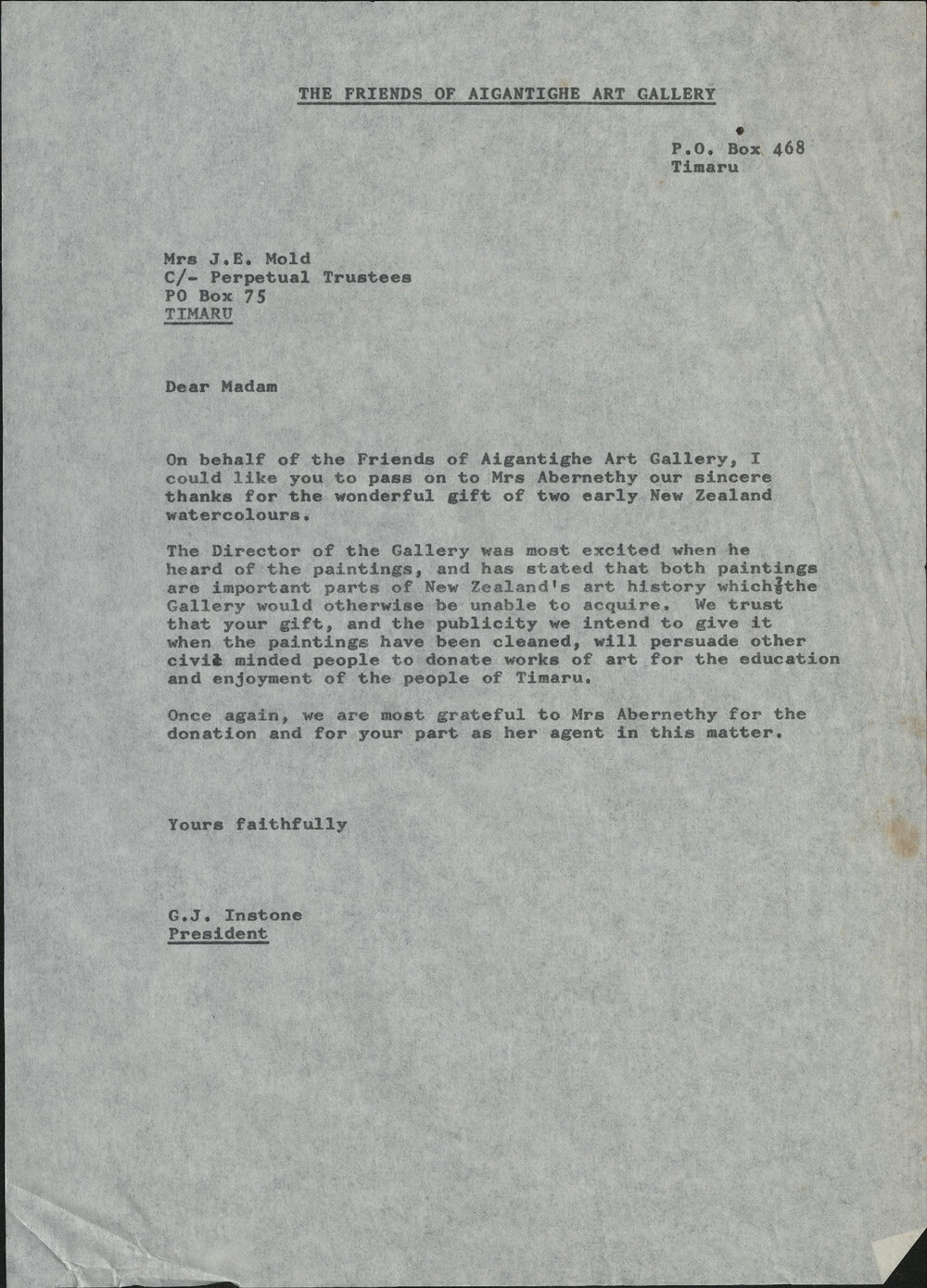 Friends of the Aigantighe letter to Mrs J E Mold