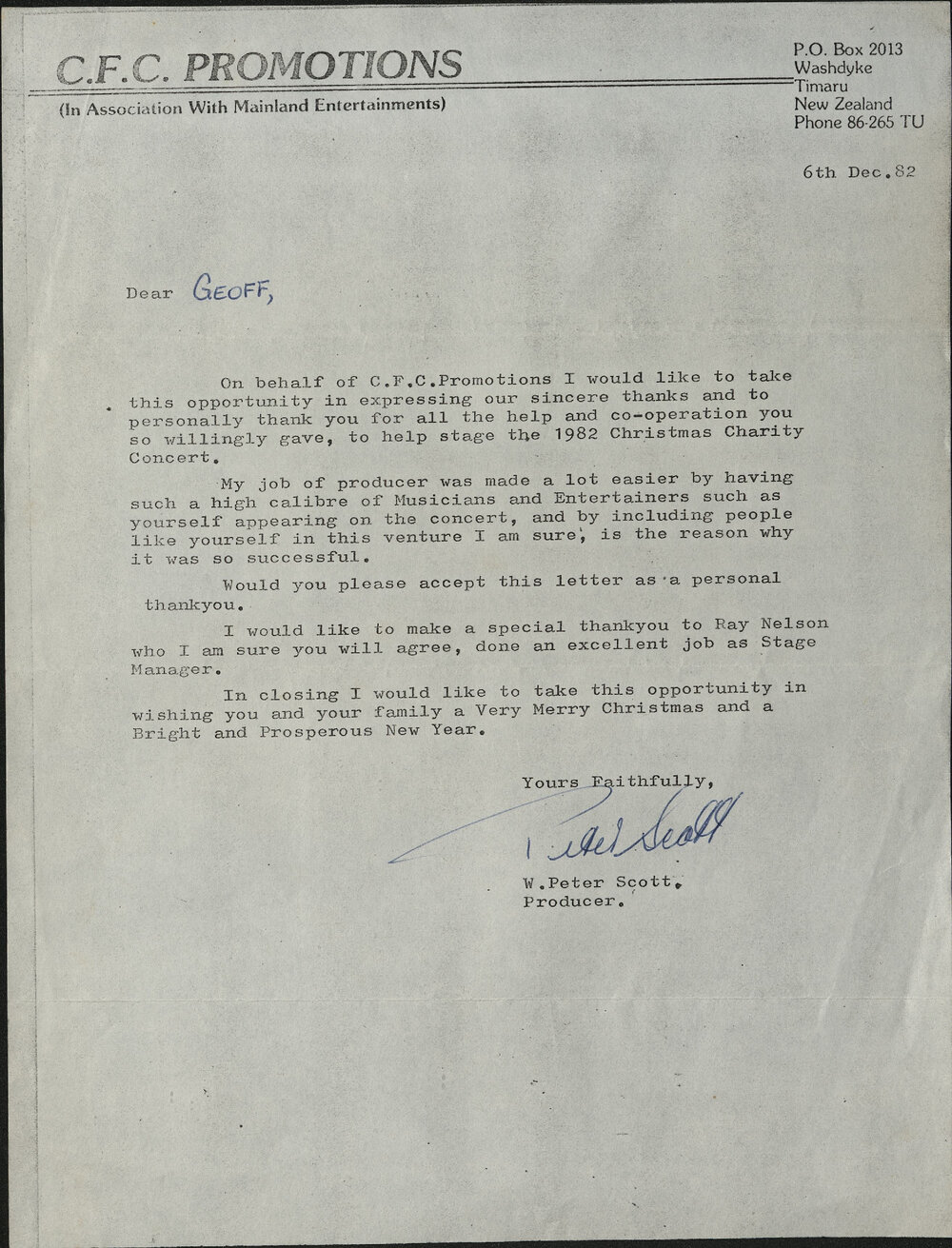 C.F.C. Promotions letter to Geoff Instone