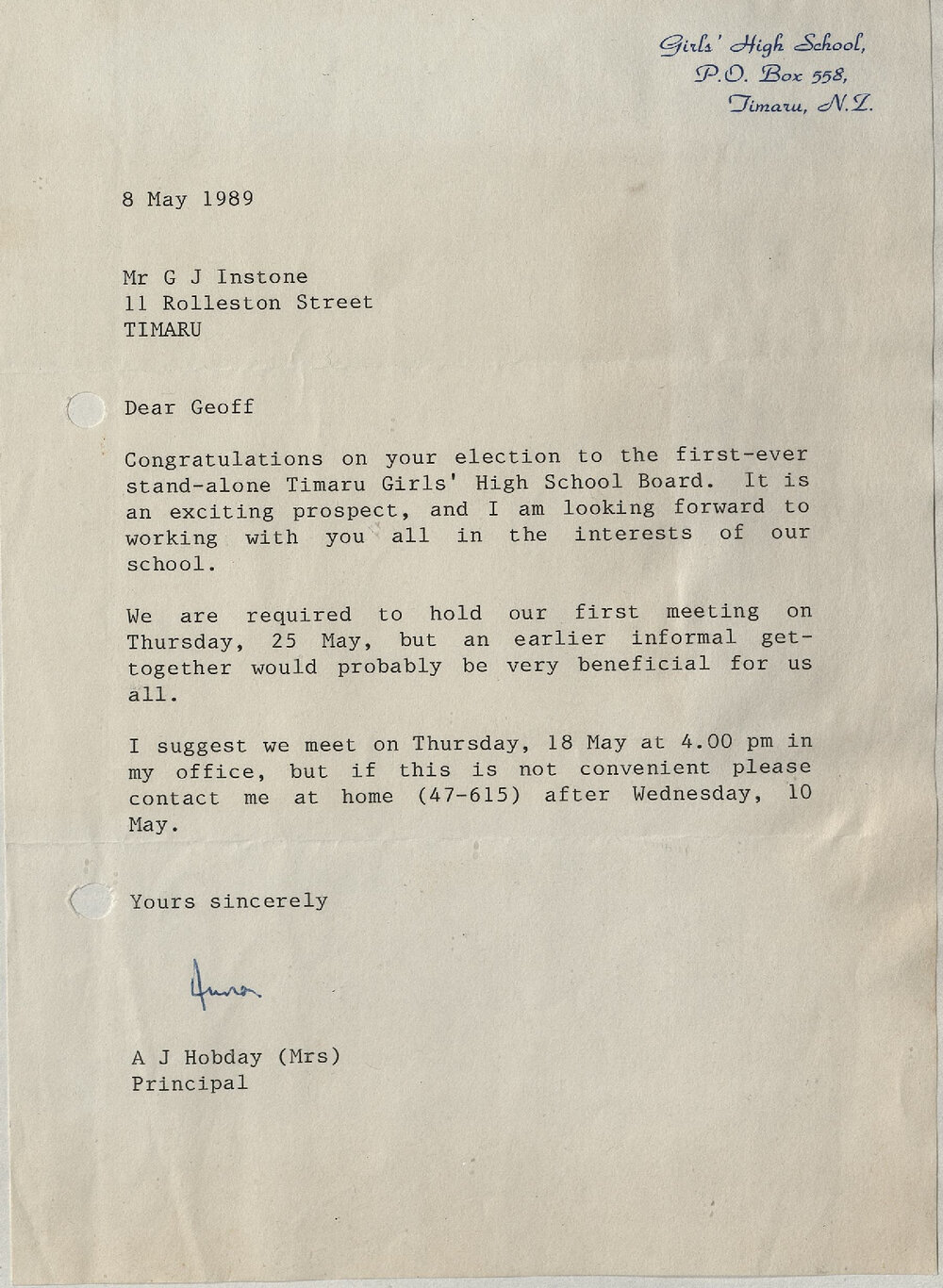 TGHS letter to Geoff Instone