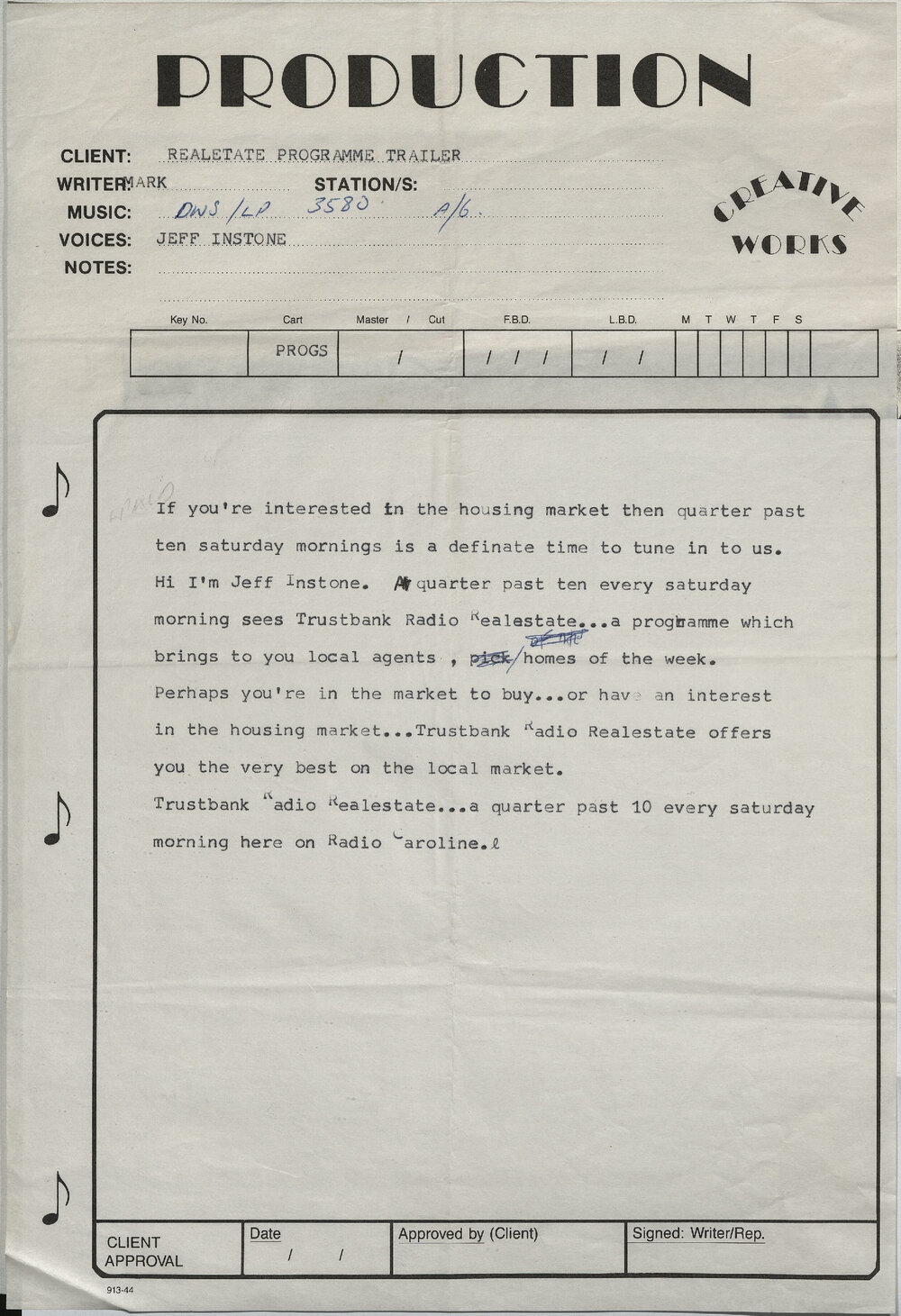 Radio production sheet for real estate advertising