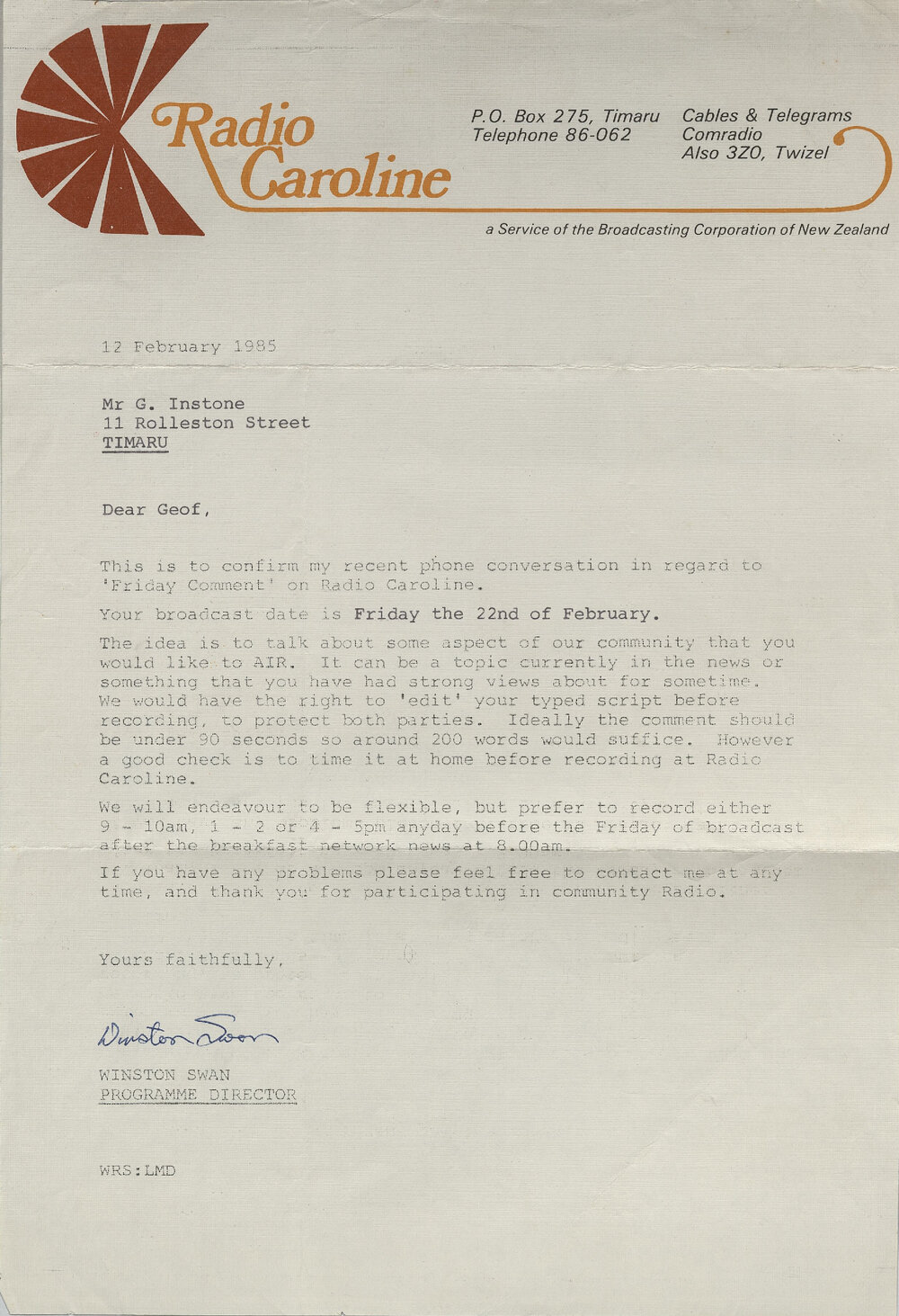 Radio Caroline letter to Geoff Instone