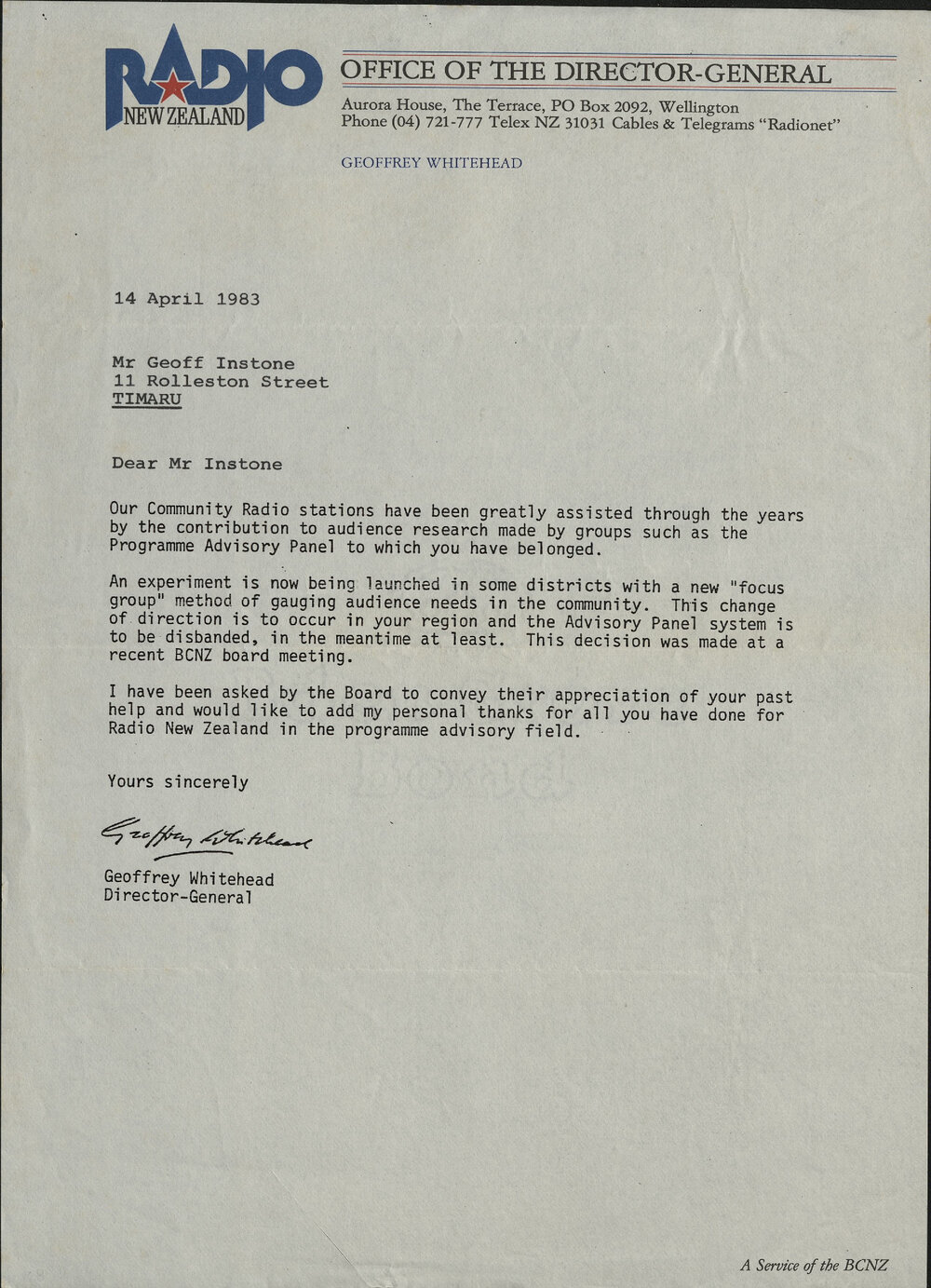 Radio New Zealand letter to Geoff Instone