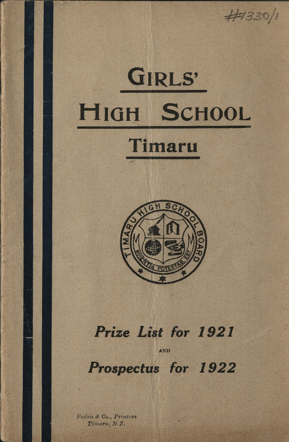 Timaru Girls High School Prize List for 1921 and Prospectus for 1922