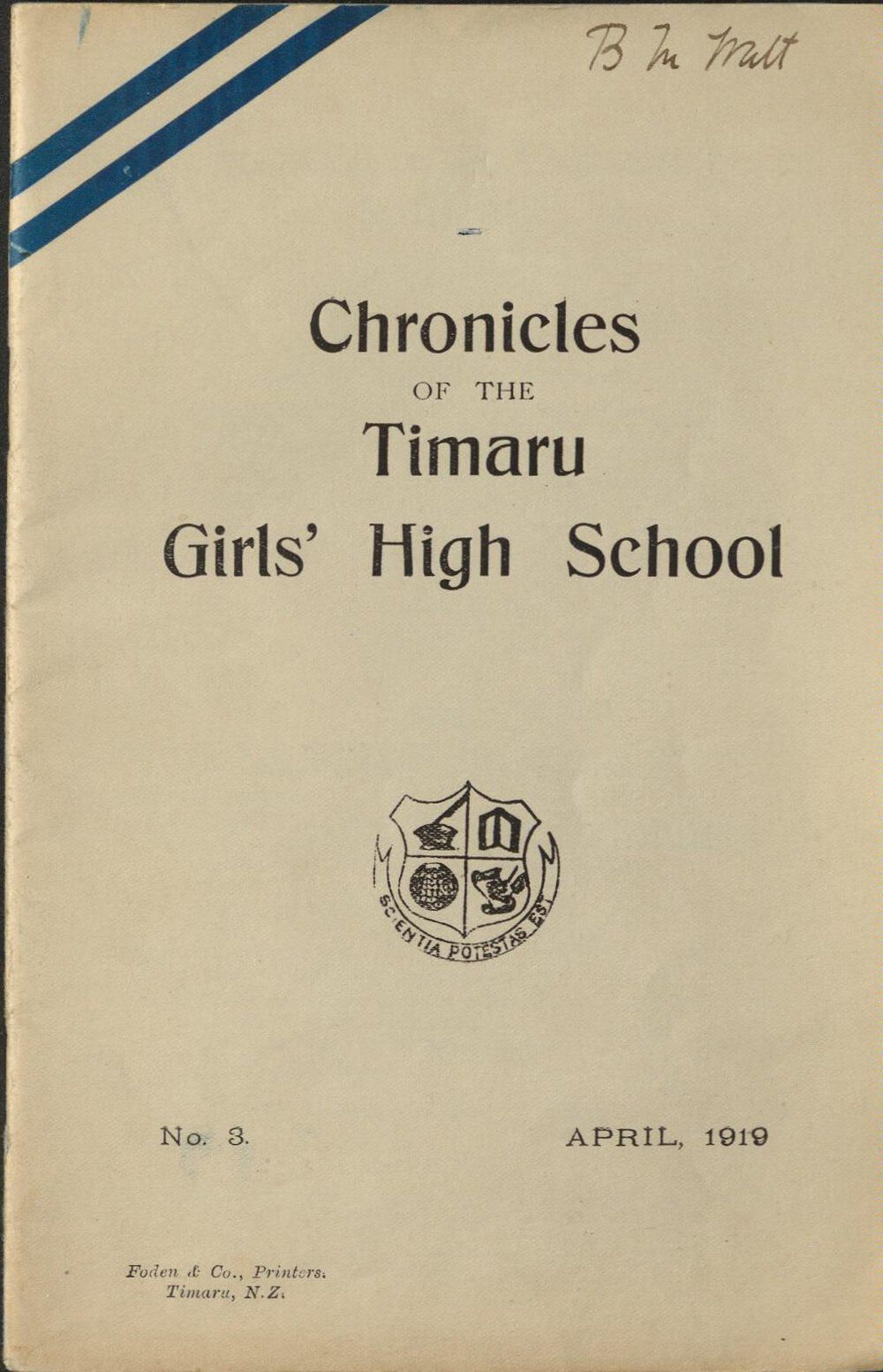 Chronicles of the Timaru Girls' High School No.3 April 1919