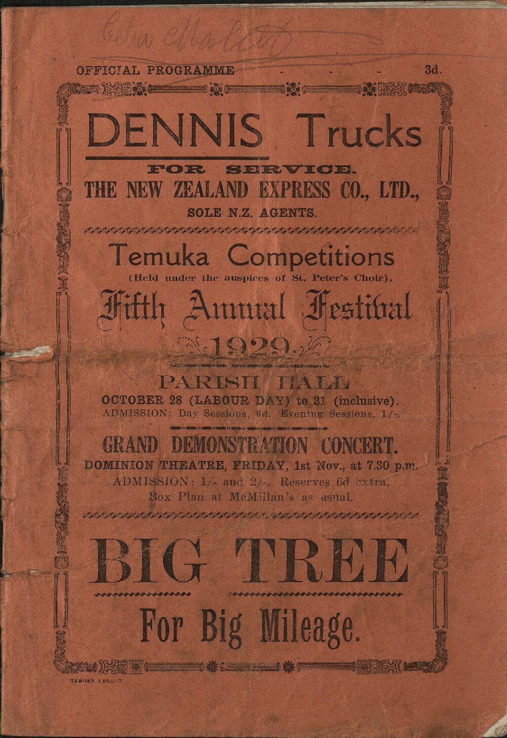 Official Programme for the Temuka Competitions Fifth Annual Festival 1929