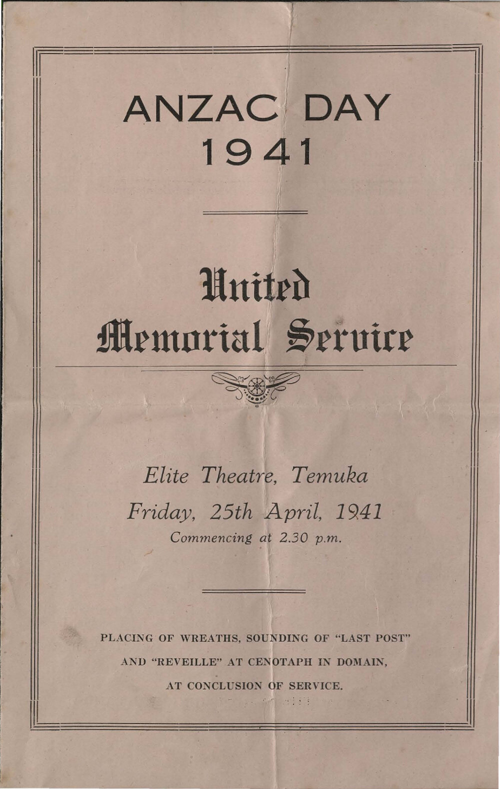 Anzac Day 1941 United Memorial Service programme