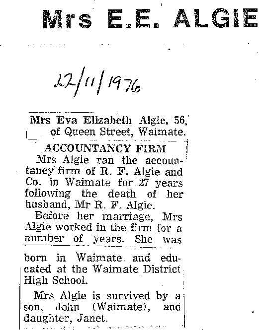 Obituary: Mrs E E Algie