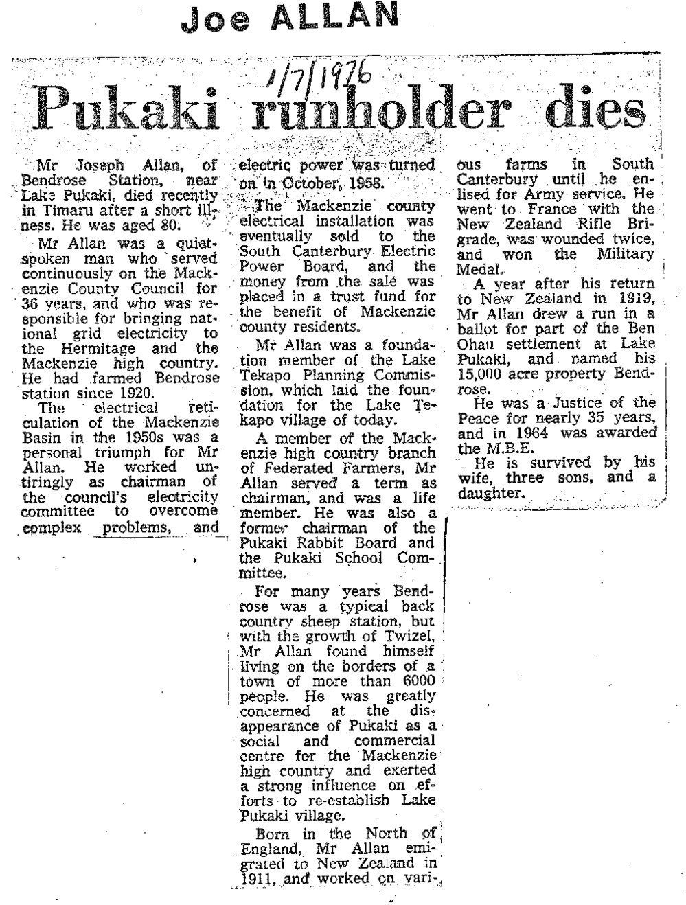 Obituary: Mr Joe Allan, Pukaki runholder dies