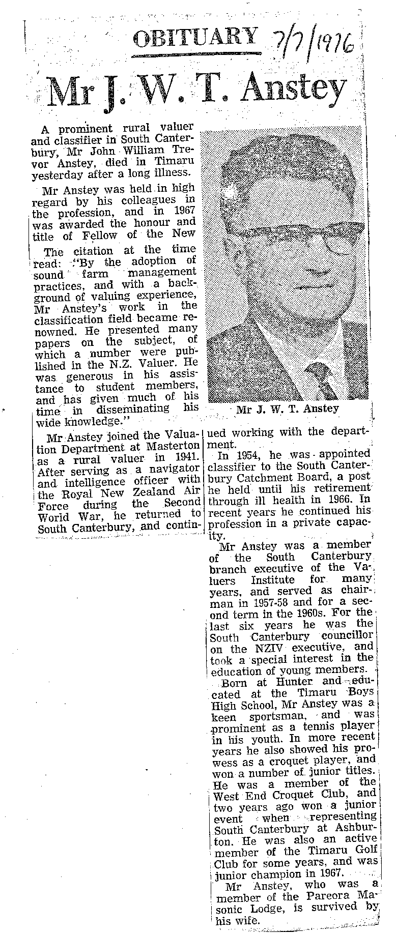 Obituary: Mr J W T Anstey