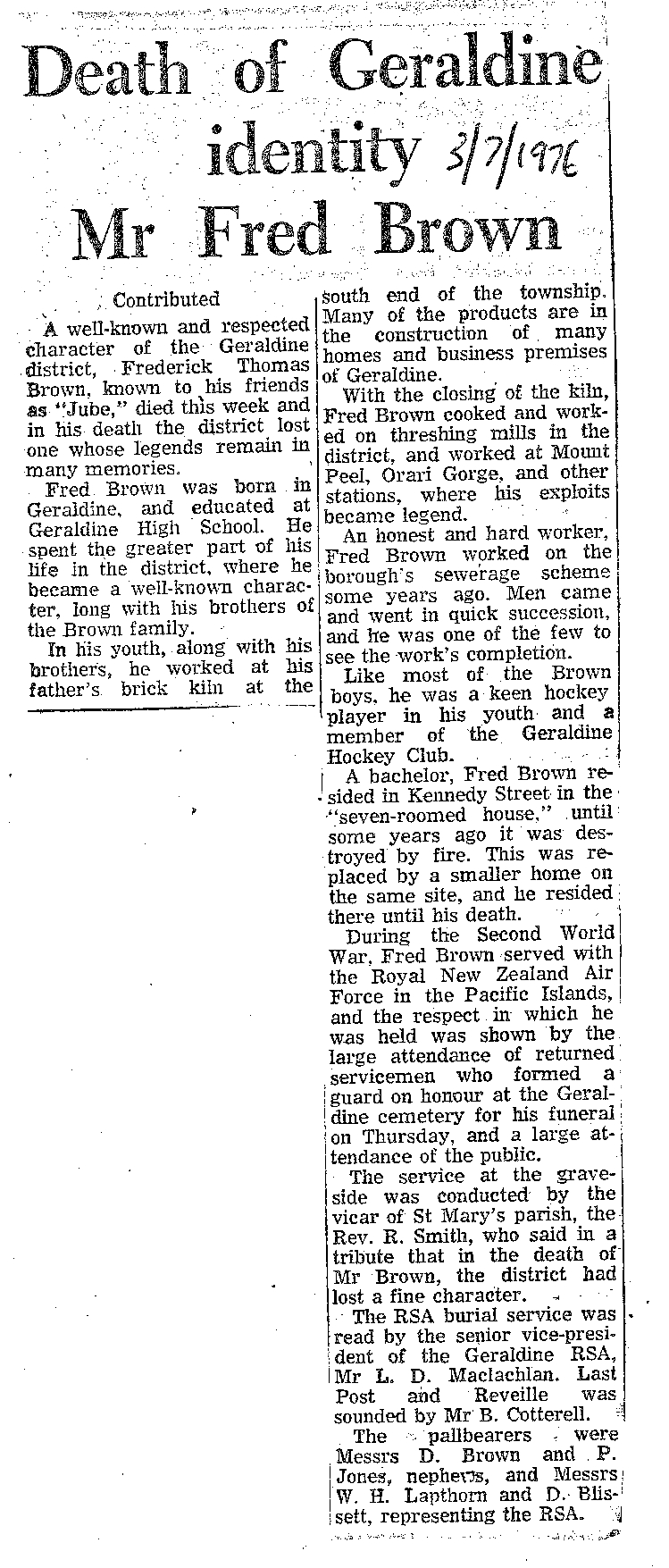 Obituary: Mr Fred Brown, Death of Geraldine identity