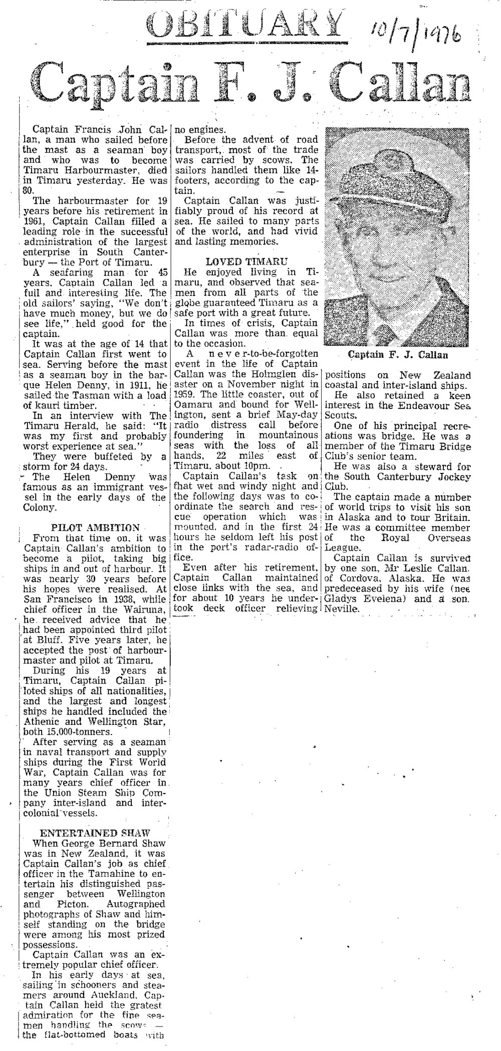 Obituary: Capt F J Callan