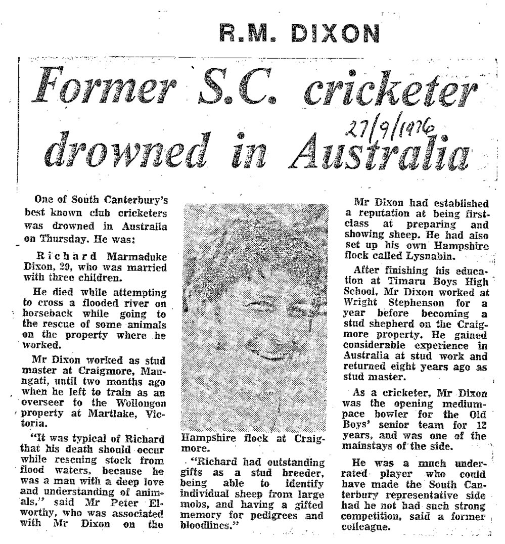 Obituary: R M Dixon, Former S.C. cricketer drowned in Australia