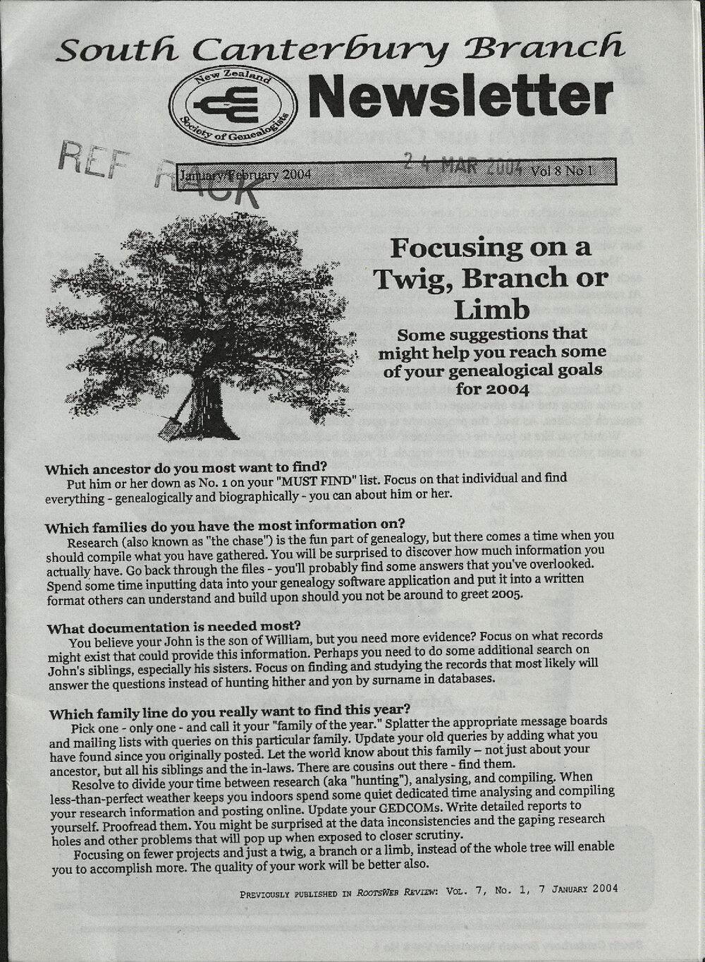 South Canterbury Branch Newsletter January/February 2004 Vol 8 No 1