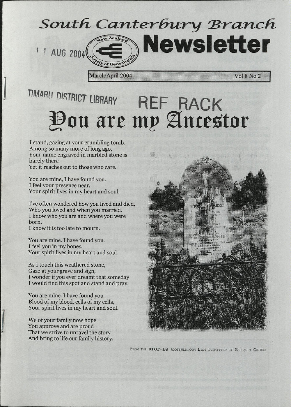 South Canterbury Branch Newsletter March/April 2004 Vol 8 No 2