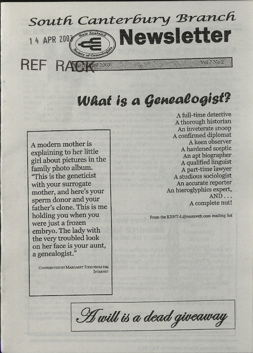 South Canterbury Branch Newsletter March/April 2003 Vol 7 No 2