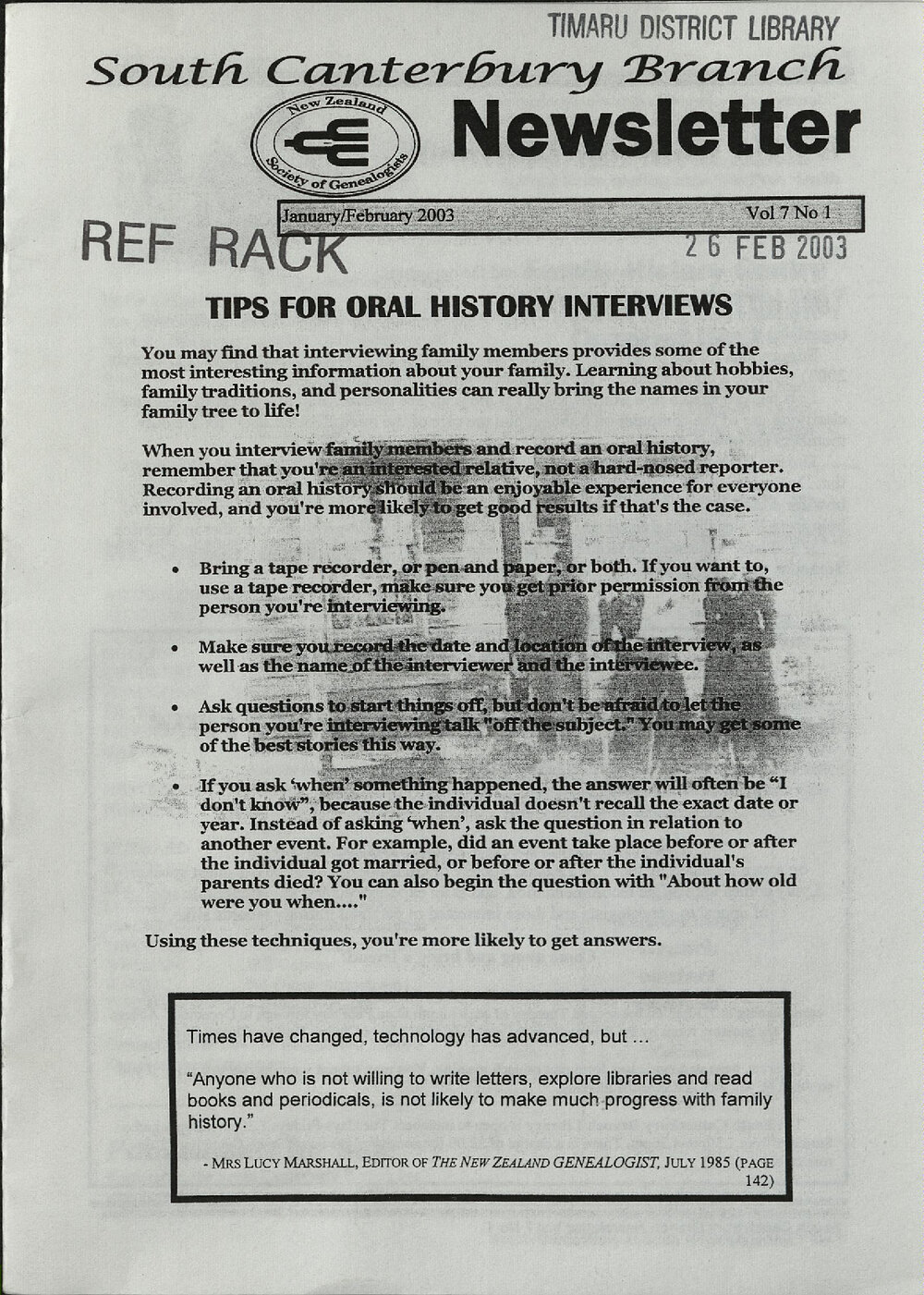 South Canterbury Branch Newsletter January/February 2003 Vol 7 No 1