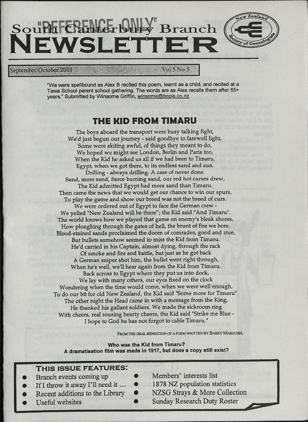 South Canterbury Branch Newsletter September/October 2001 Vol 5 No 5