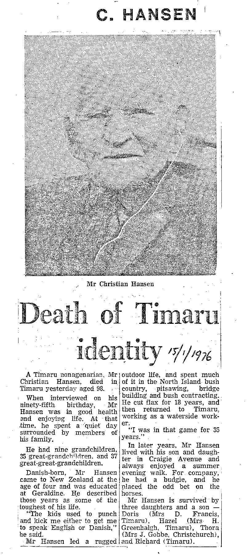 Obituary: Mr Christian Hansen, Death of Timaru identity