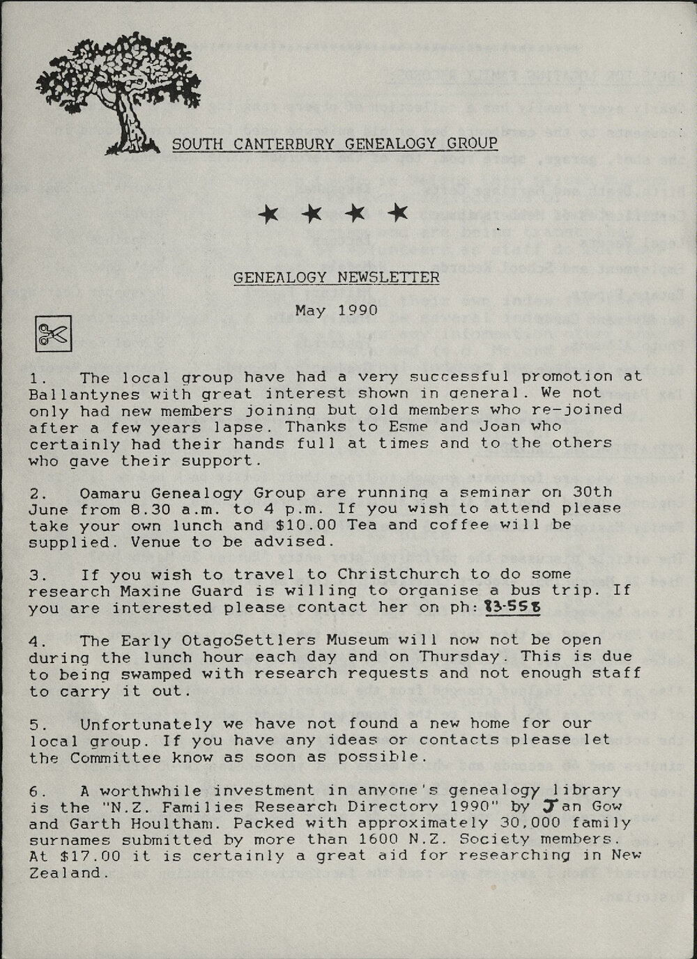 South Canterbury Genealogy Group Genealogy Newsletter May 1990