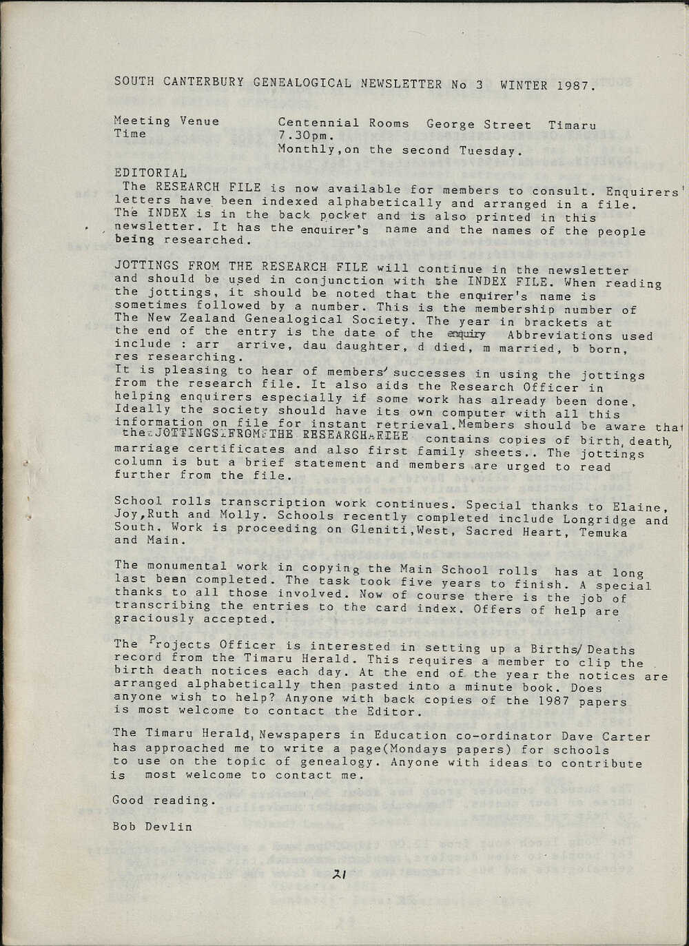 South Canterbury Genealogical Newsletter No 3 Winter 1987
