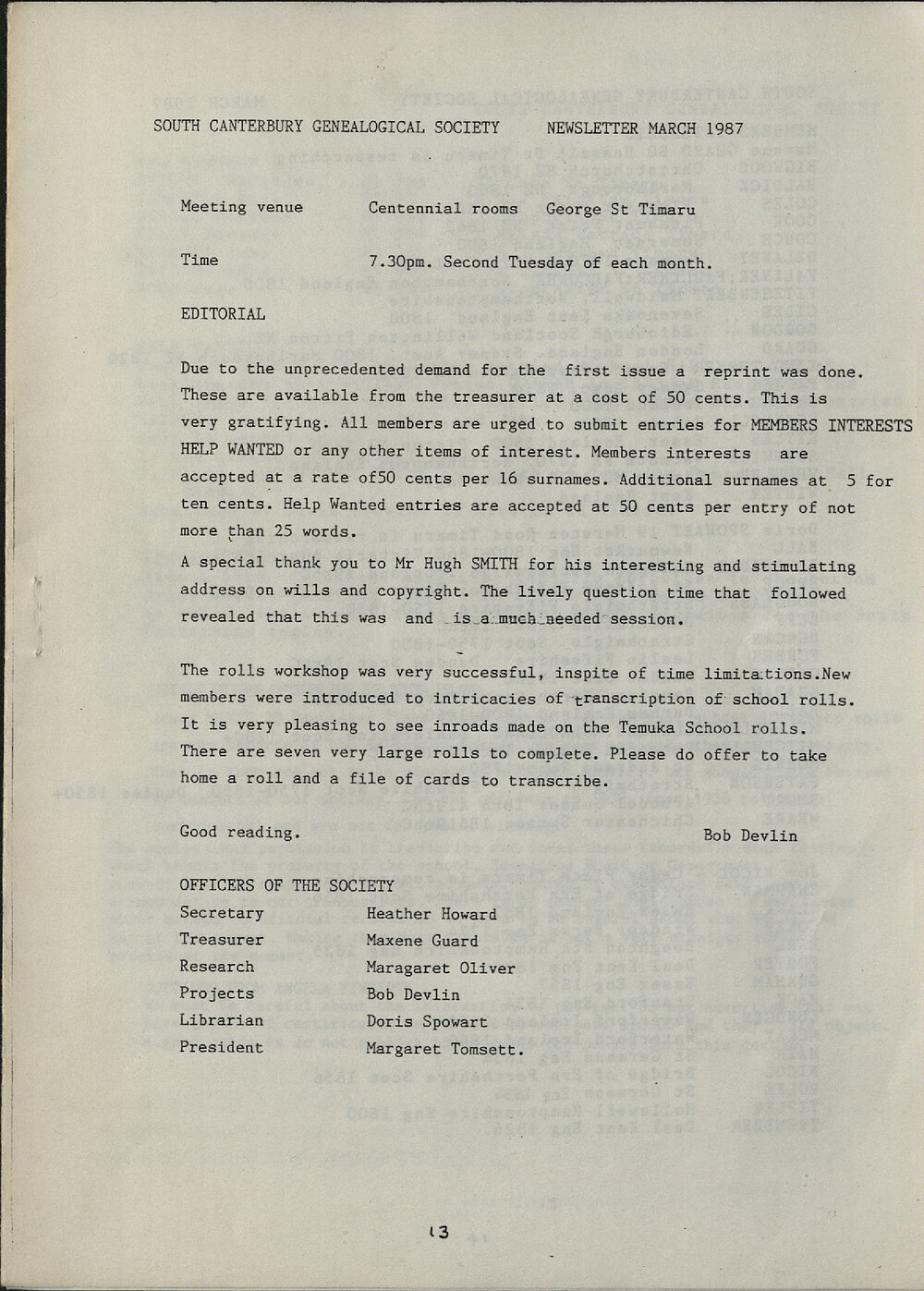 South Canterbury Genealogical Society Newsletter March 1987