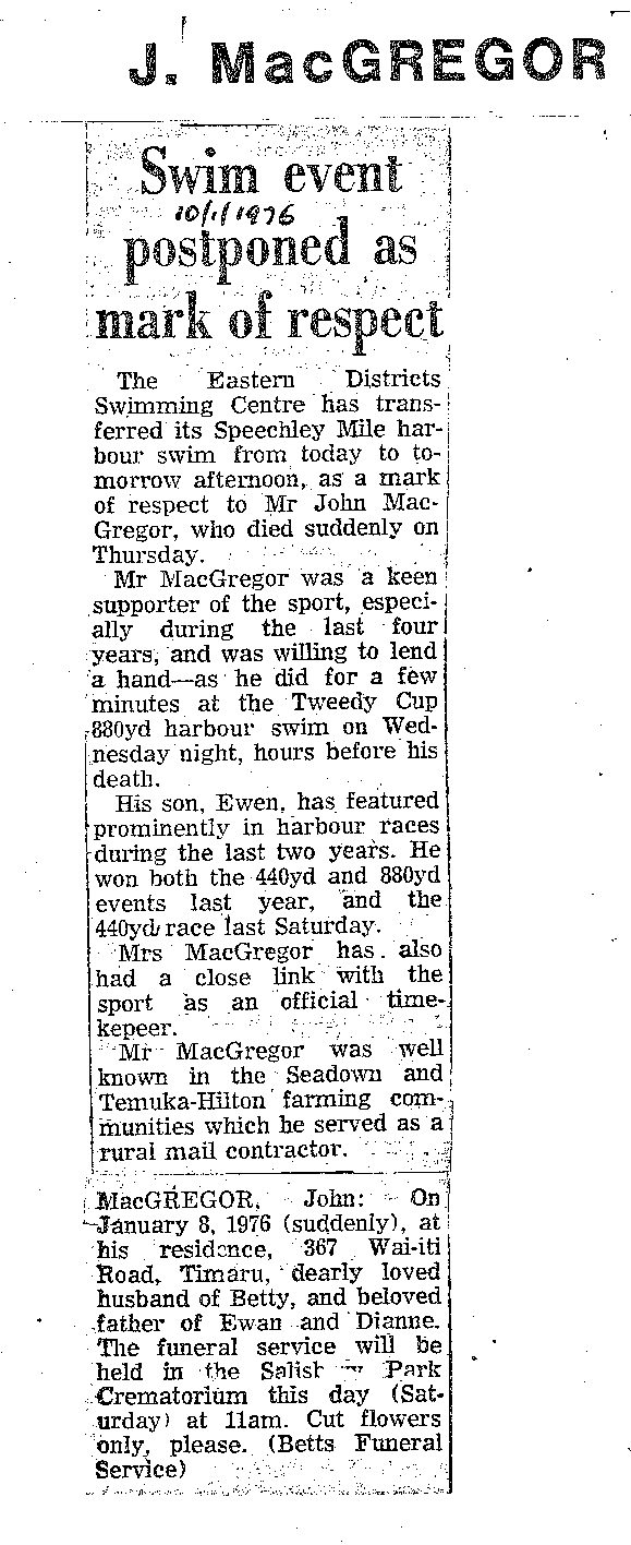 Obituary: J MacGregor, Swim event postponed as mark of respect