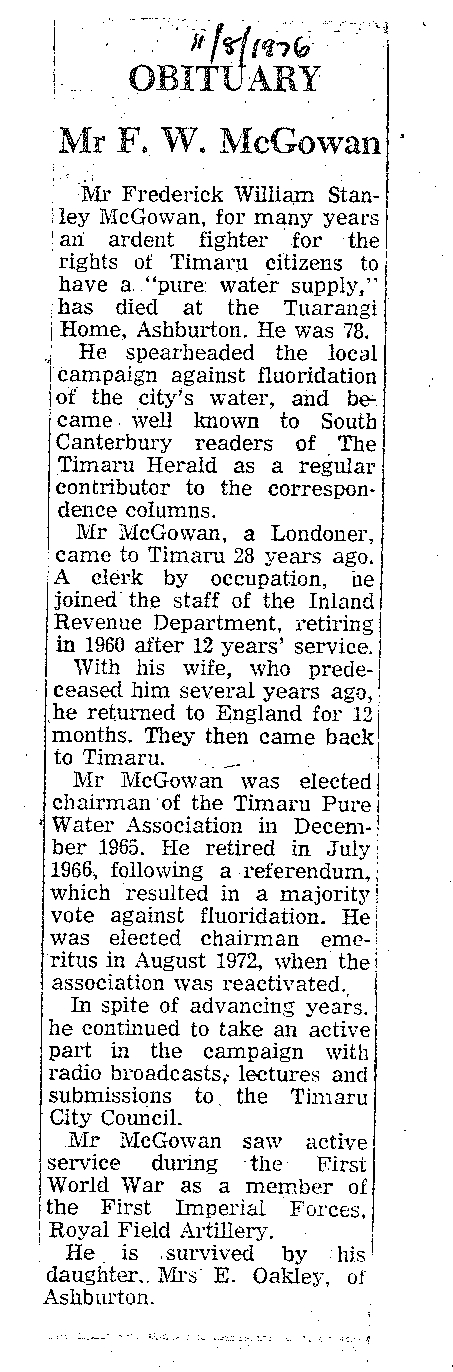 Obituary: Mr F W McGowan