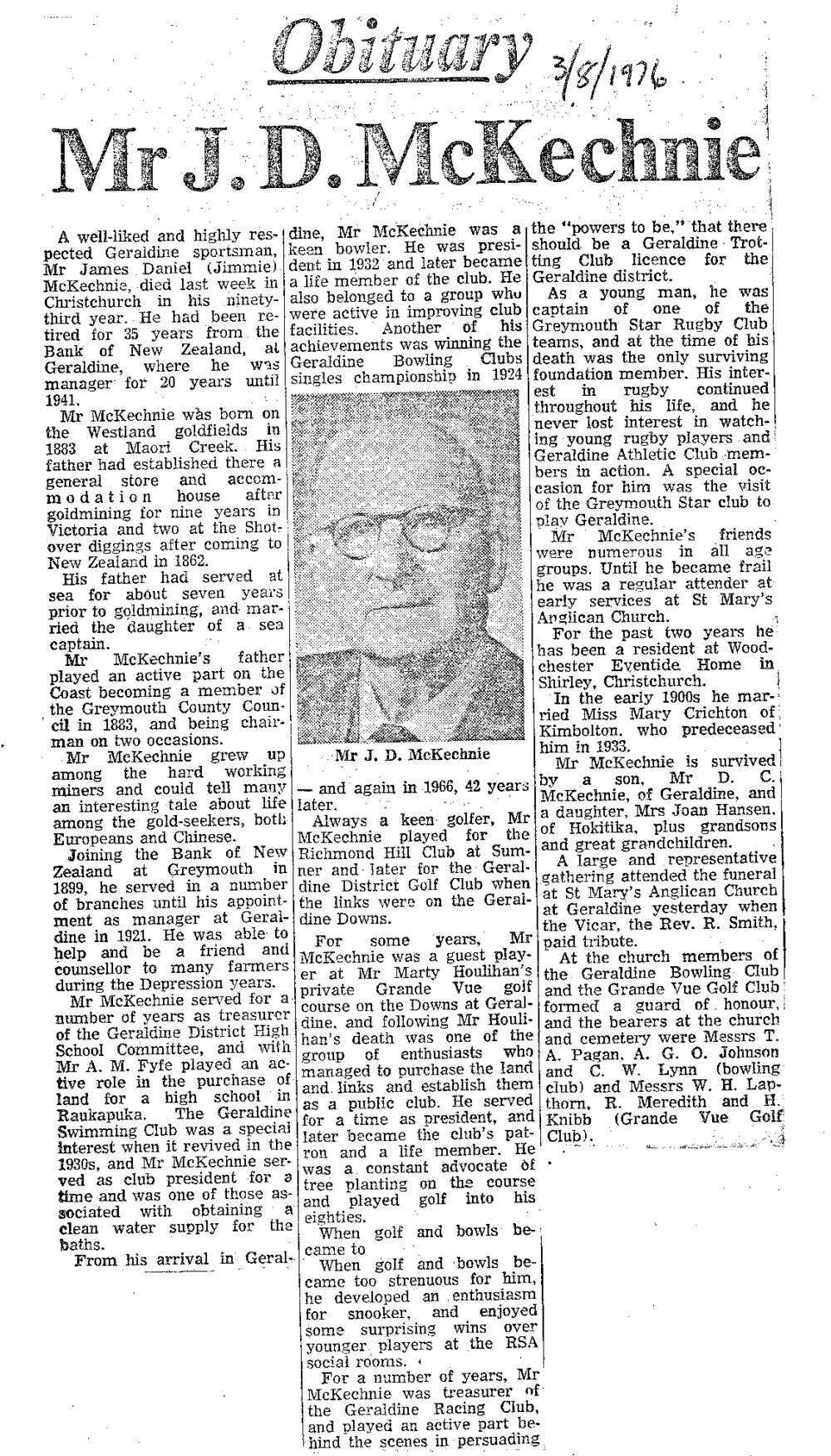 Obituary: Mr J D McKechnie