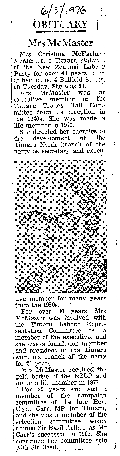 Obituary: Mrs McMaster