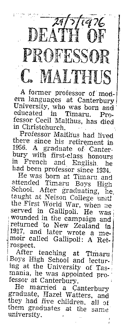 Obituary: Death of Professor C Malthus