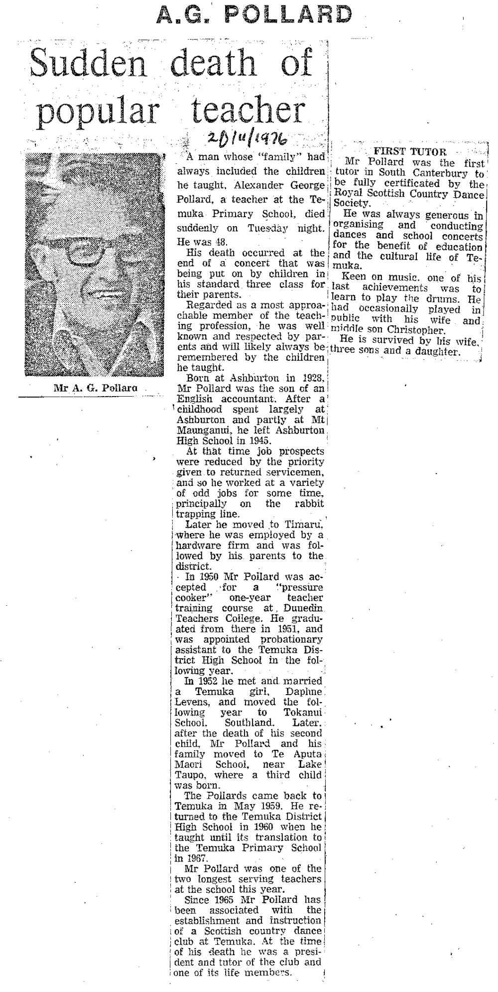 Obituary: A G Polland, Sudden death of popular teacher