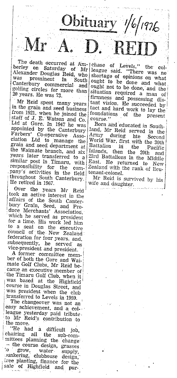 Obituary: Mr A D Reid